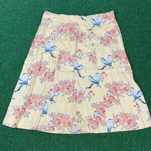 Live a Little Yellow Floral Bird Silk Midi Skirt Sz 6